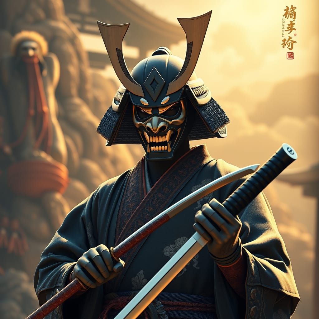 Edo Samurai with Oni Mask in Ukiyo-e Style