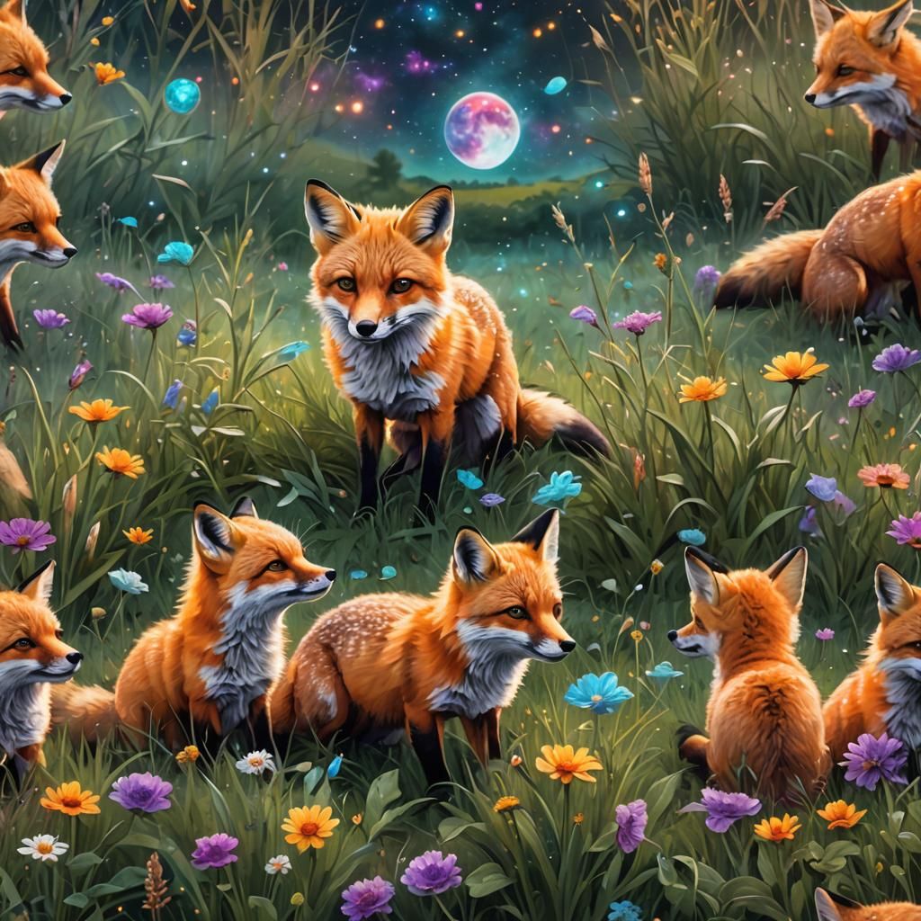 Baby Fox Eating: Holographic Cosmic Illustration