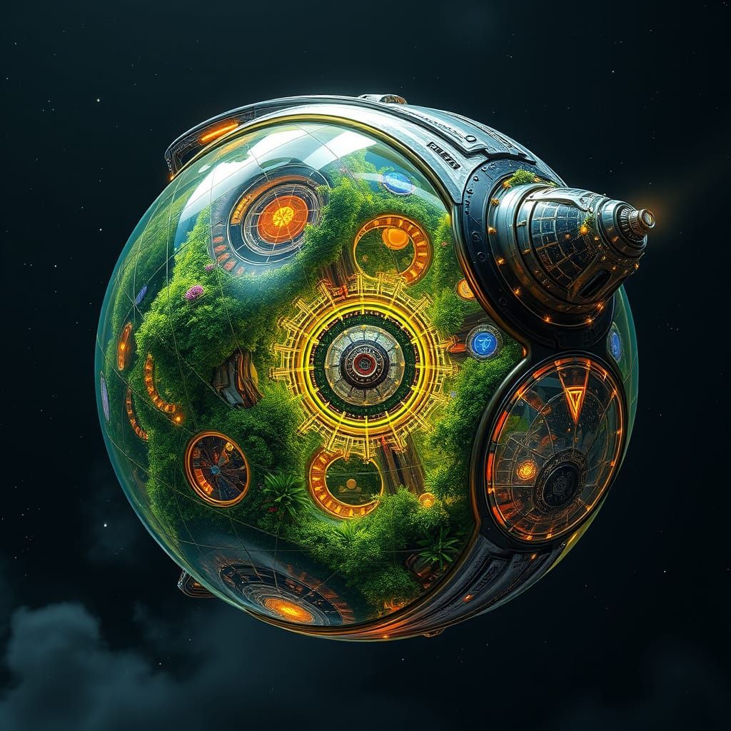 Eco-Friendly Glass Starship with Lush Greenery and Celestial...