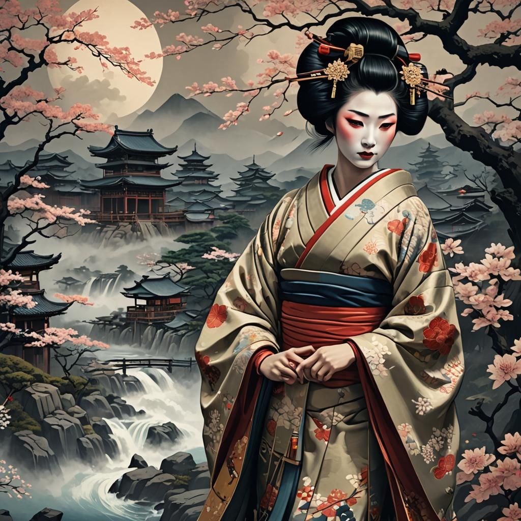 Geisha in Ukiyo-e Style: Detailed Digital Painting