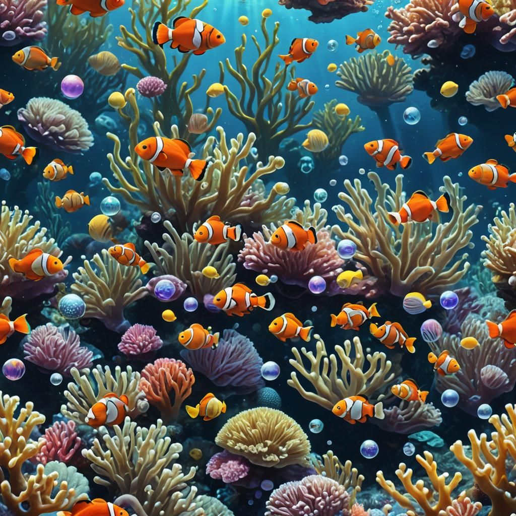 Clownfish Family in Surreal Underwater Scene