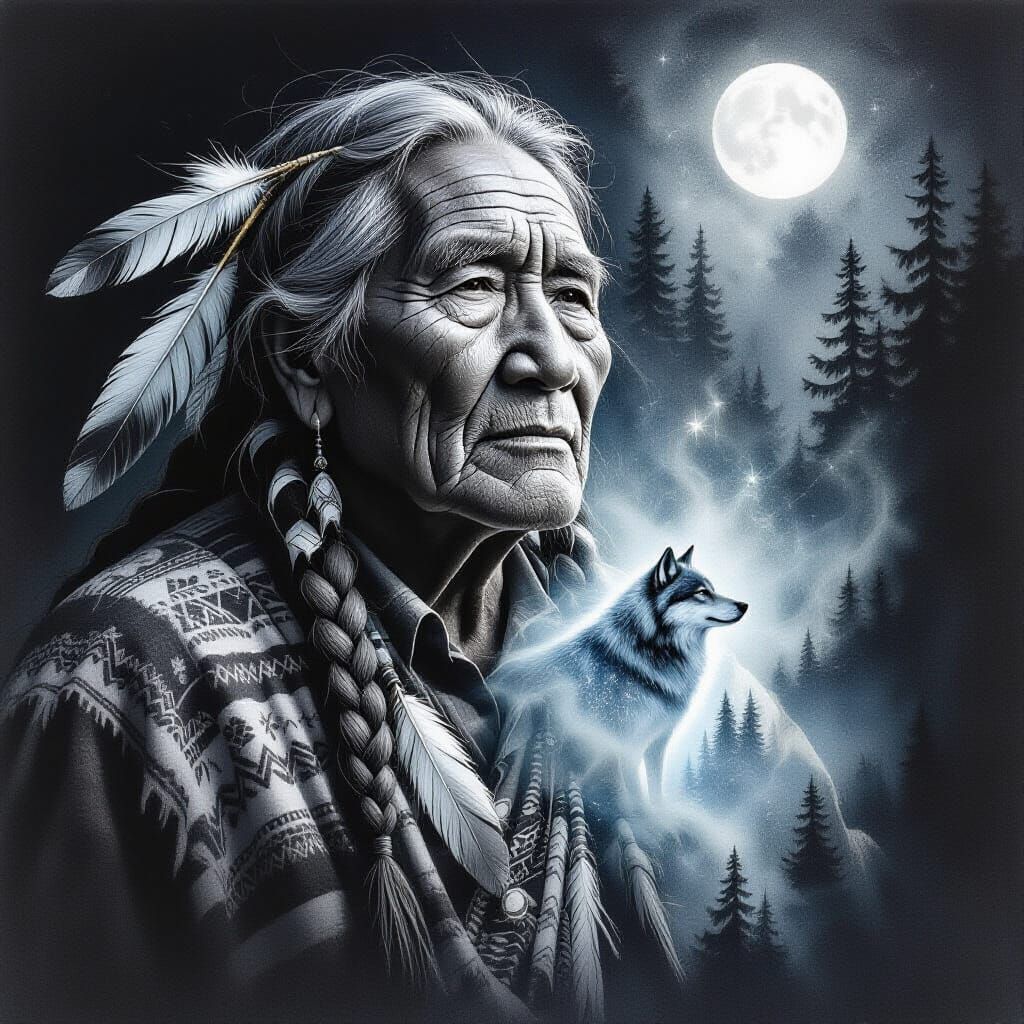 Elderly Indigenous Warrior Sleeps Under Moonlight