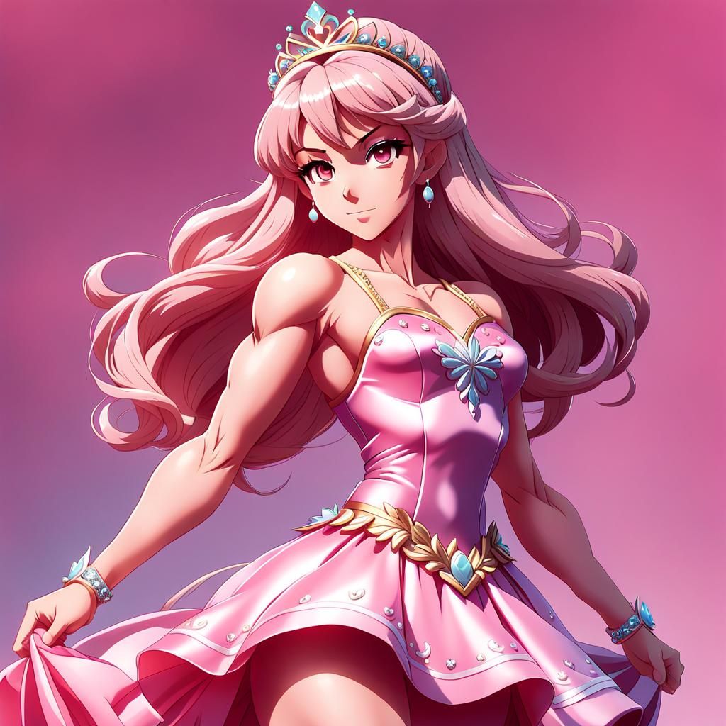 Muscular Anime Princess in Pastel Pink Dress