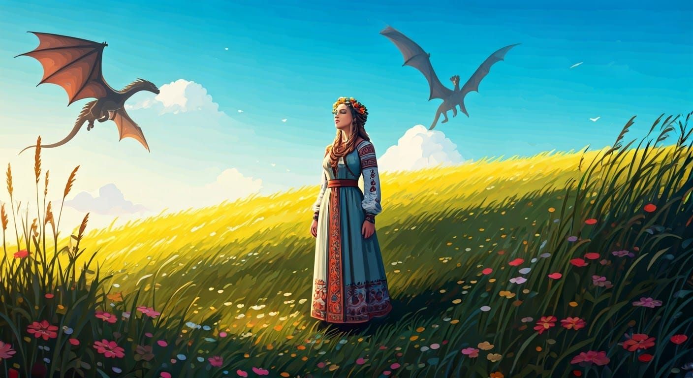 Daenerys Targaryen, dressed in a Ukrainian cross-stitched fo...