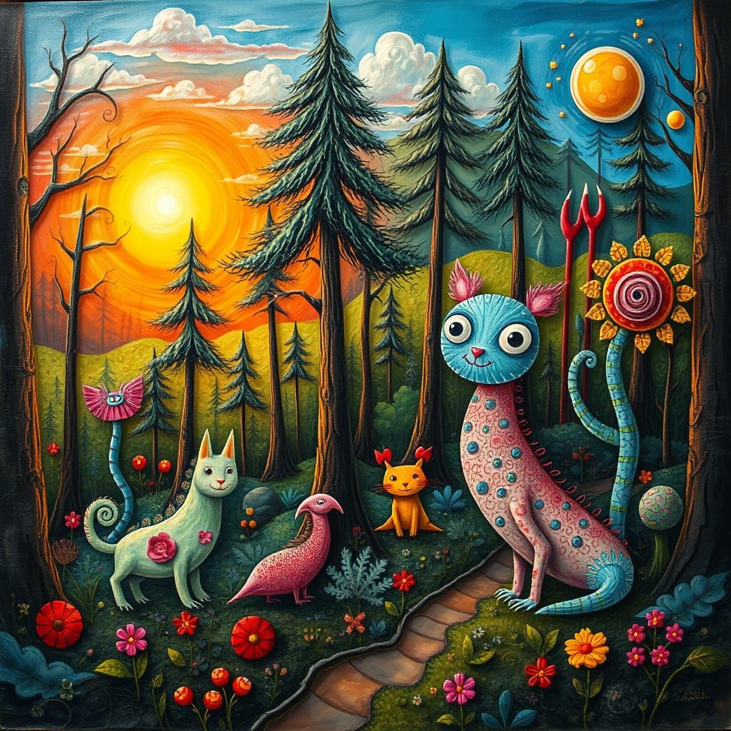 Whimsical Forest Creatures in Surreal Sunrise