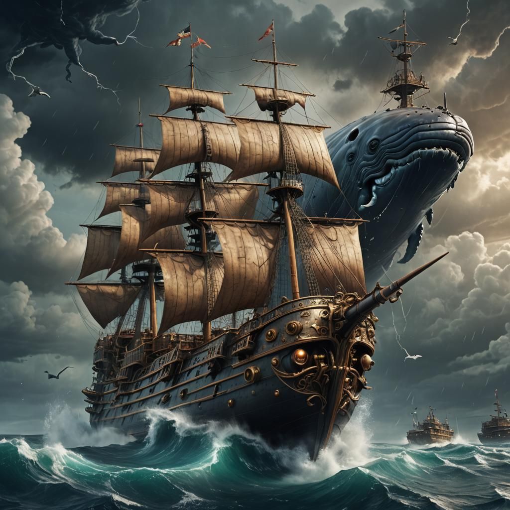 Steampunk Pirate Ship Submarine and Giant Whale