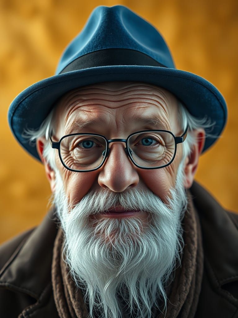 Wise Elderly Man Portrait in Blue Fedora