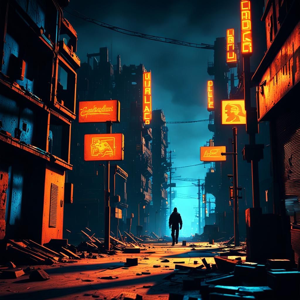 Cyberpunk Cityscape at Night in Post-Apocalyptic Setting
