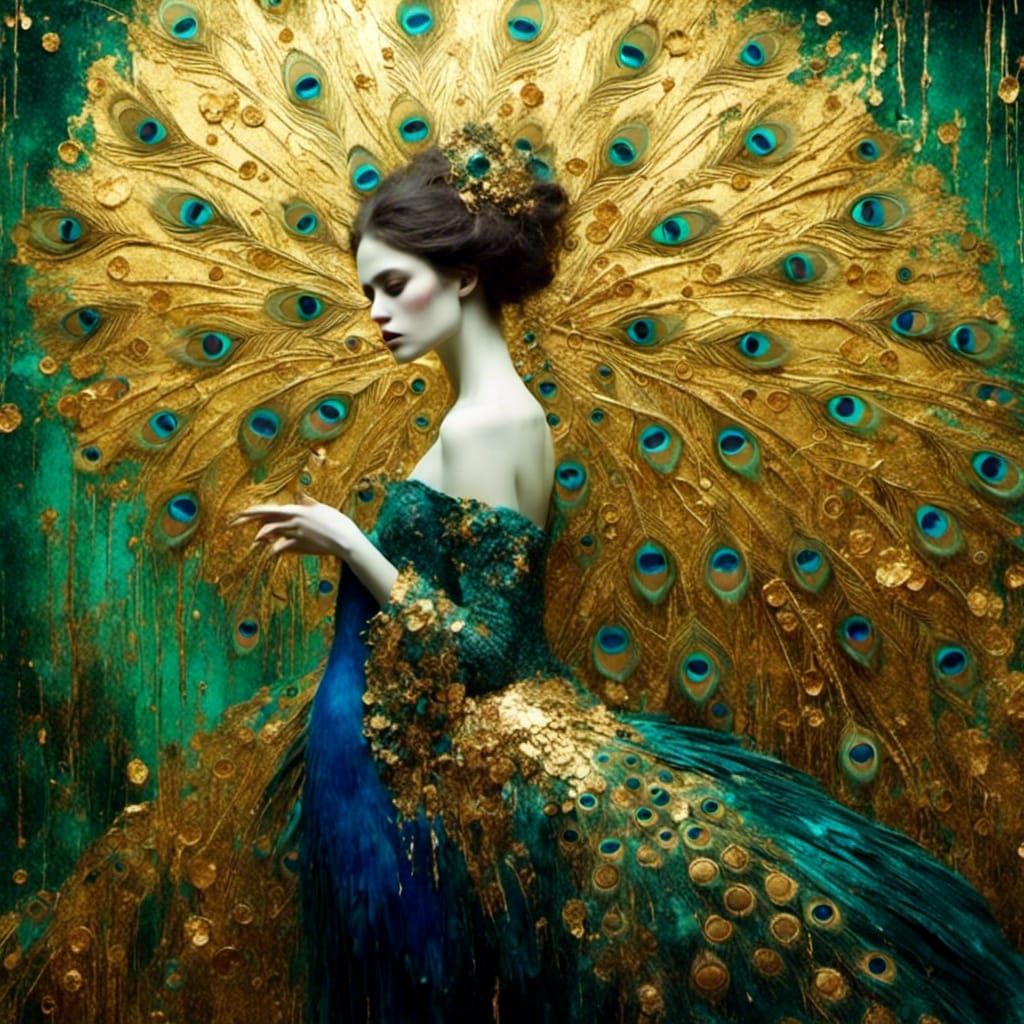 Golden Women with Peacocks, in Klimt Style
