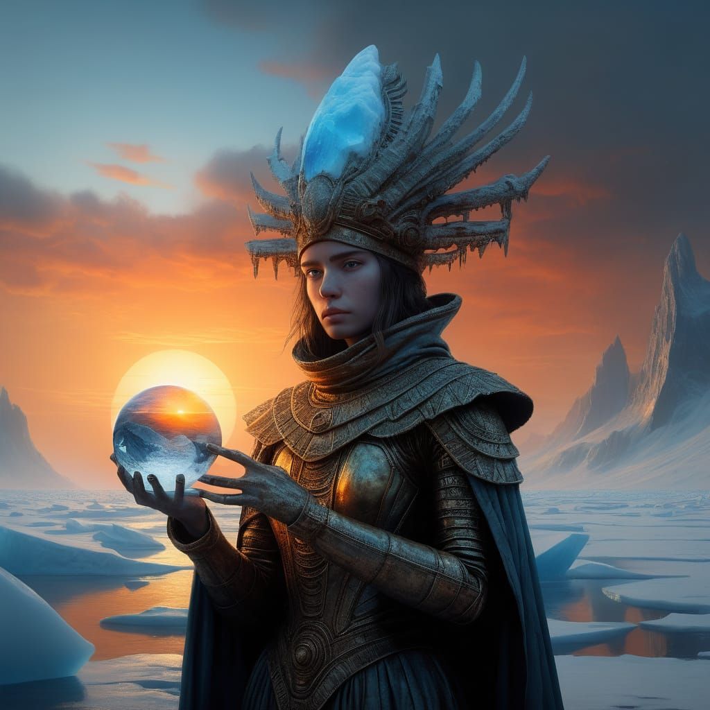 Ancient Girl Holds Frozen Antarctica in Palm, Soft Focus Sun...