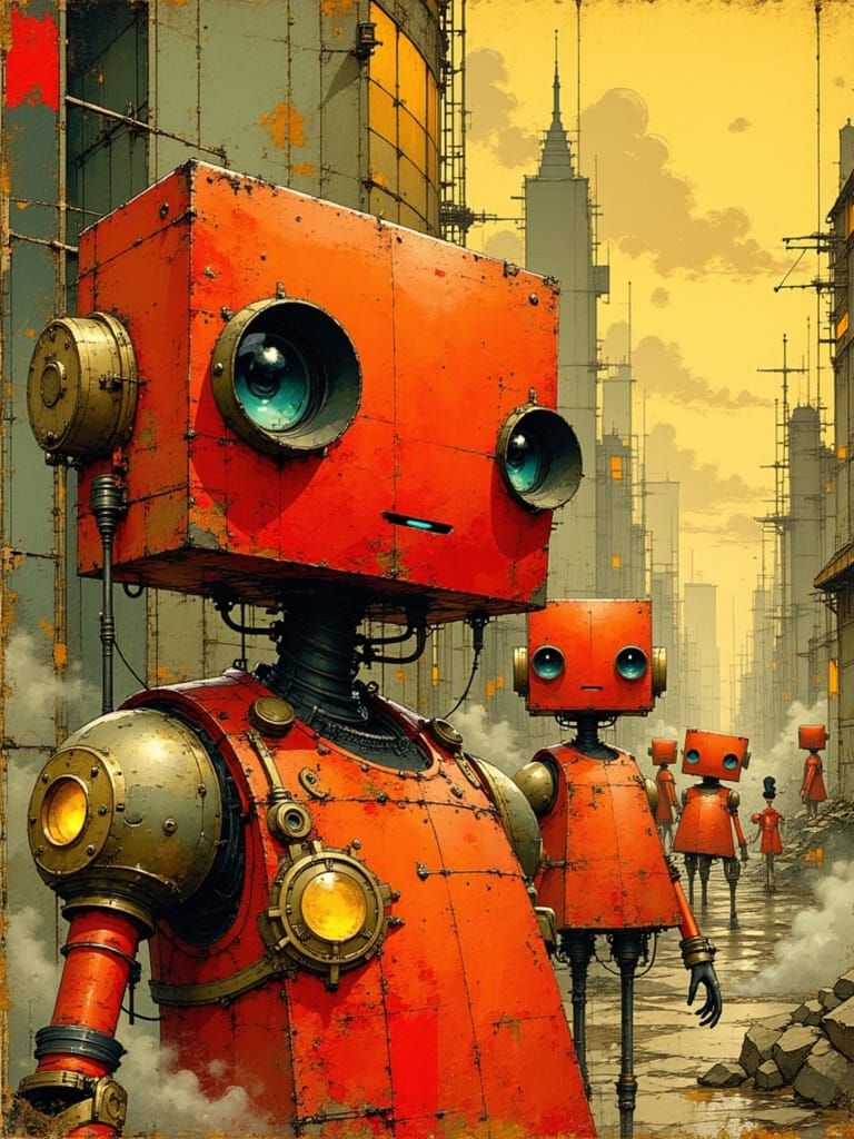 Red Robots in Moebius-Inspired Steampunk Cityscape