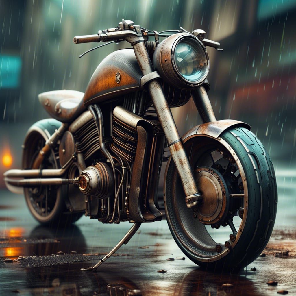 Steampunk Motorcycle on Wet Futuristic Road