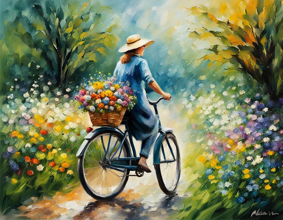 Grandmother Cycling Through Sunny Countryside as Impasto Pai...