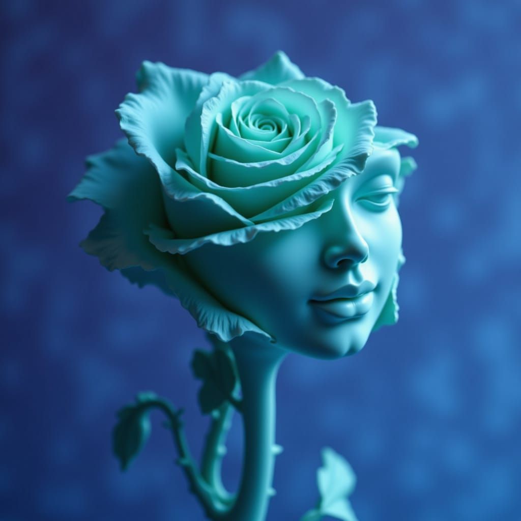 Aqua Rose Sculpture with Serene Face