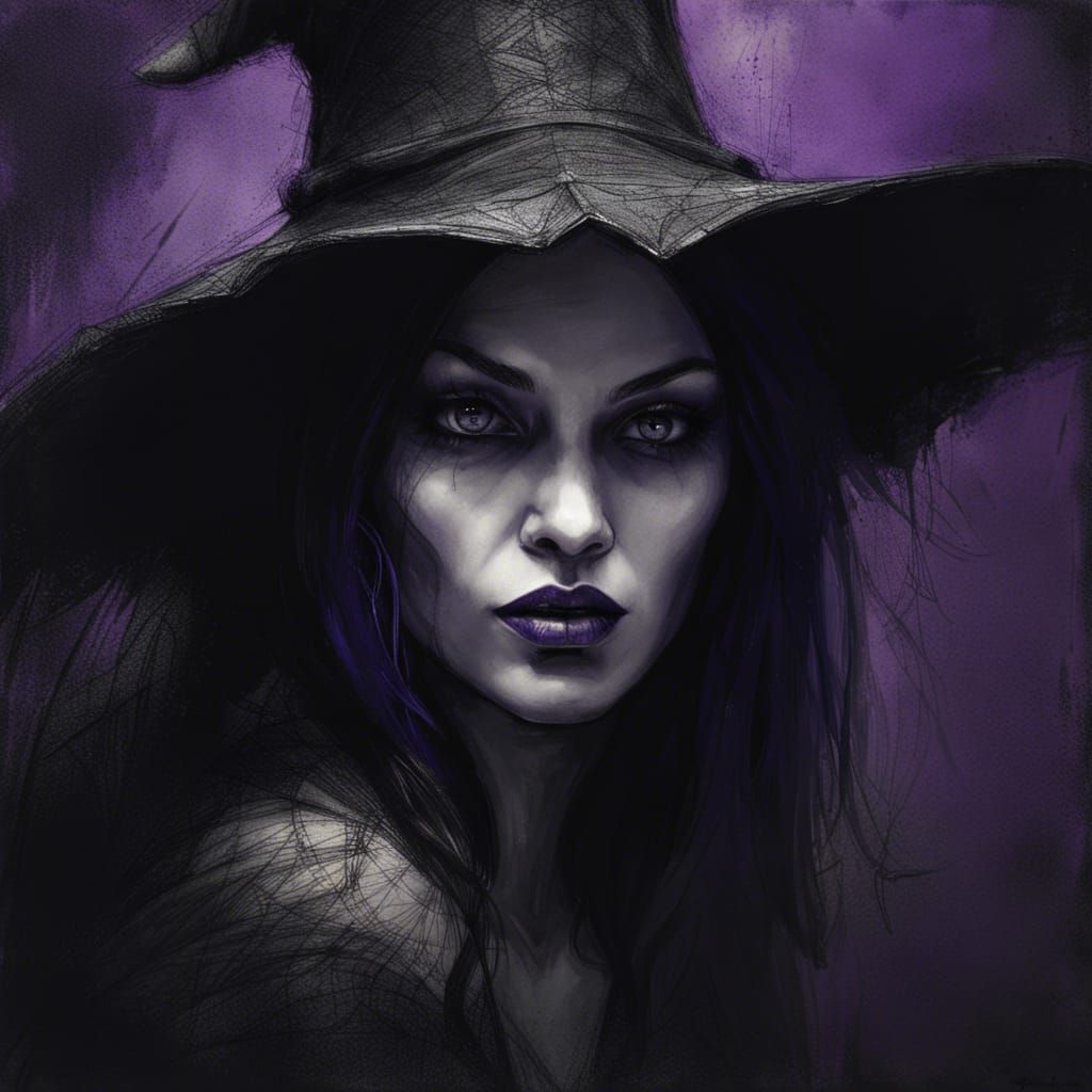 Gothic Witch Portrait in Charcoal Sketch Style
