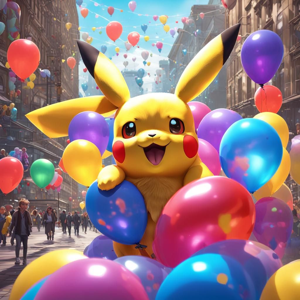 Pikachu in City Center with Balloons