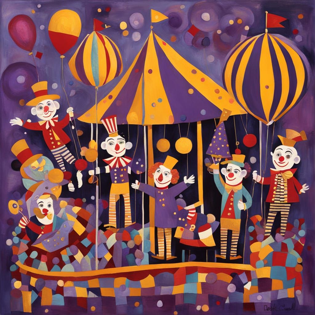Vibrant Impasto Circus Scene with Juggling Clowns