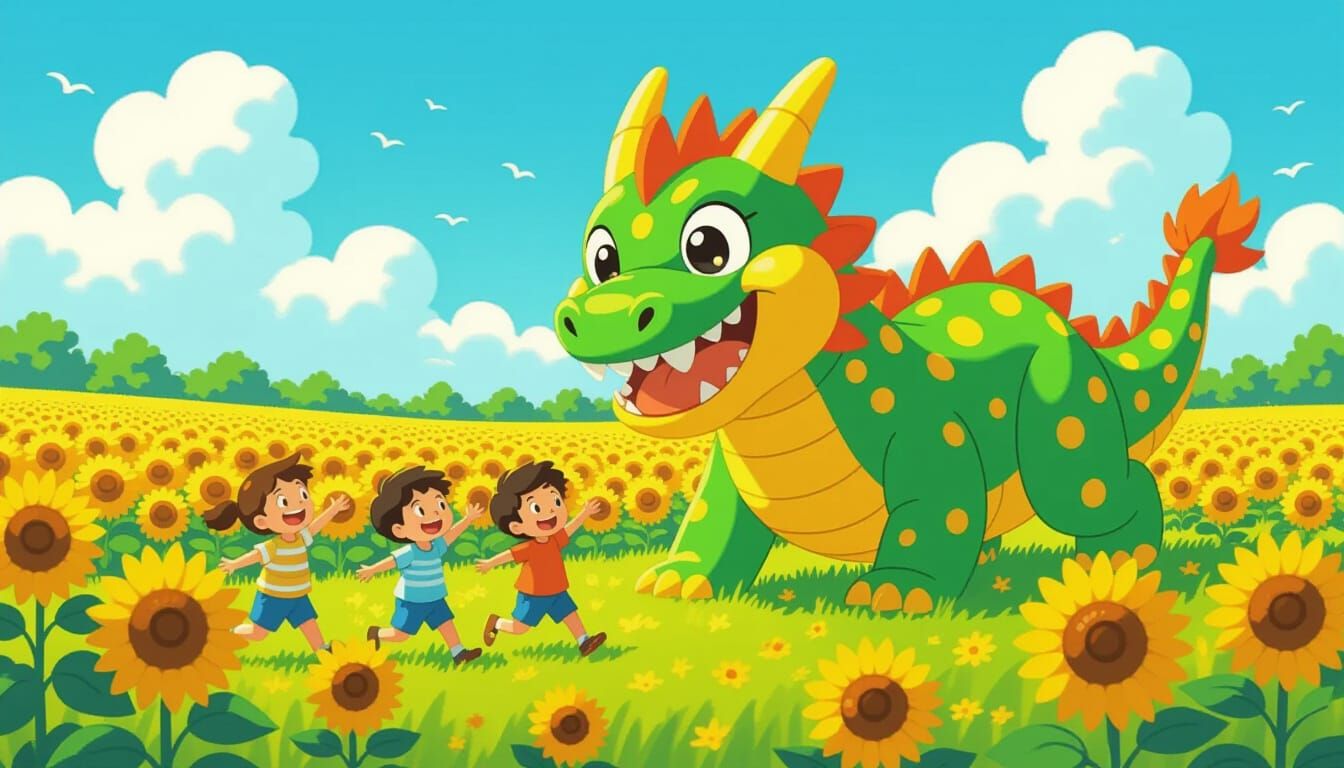 Friendly Inflatable Dragon Chasing Children: Ghibli Style