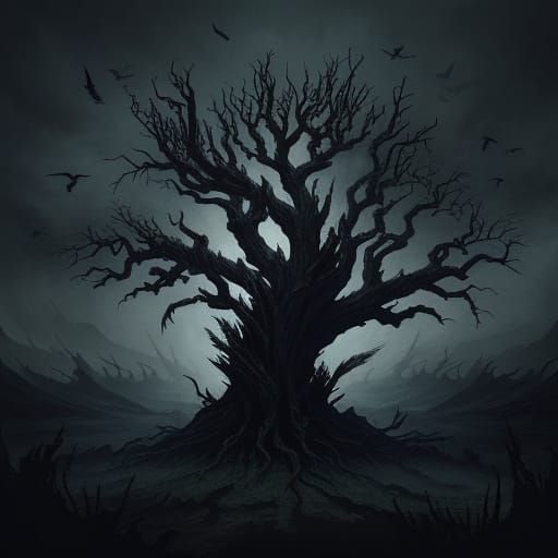 Gothic Ravens Fly From Gnarly Tree in Dark Fantasy Art