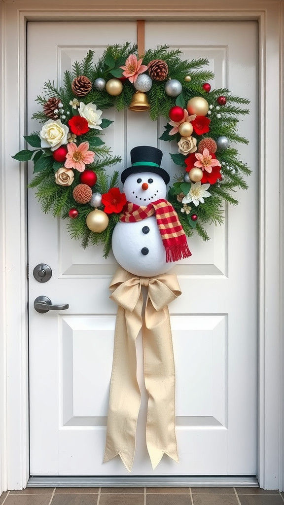 Festive Christmas Wreath with Snowman on White Door