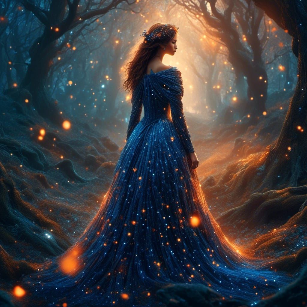 Celestial Starlight Dress in Mystical Forest Concept Art