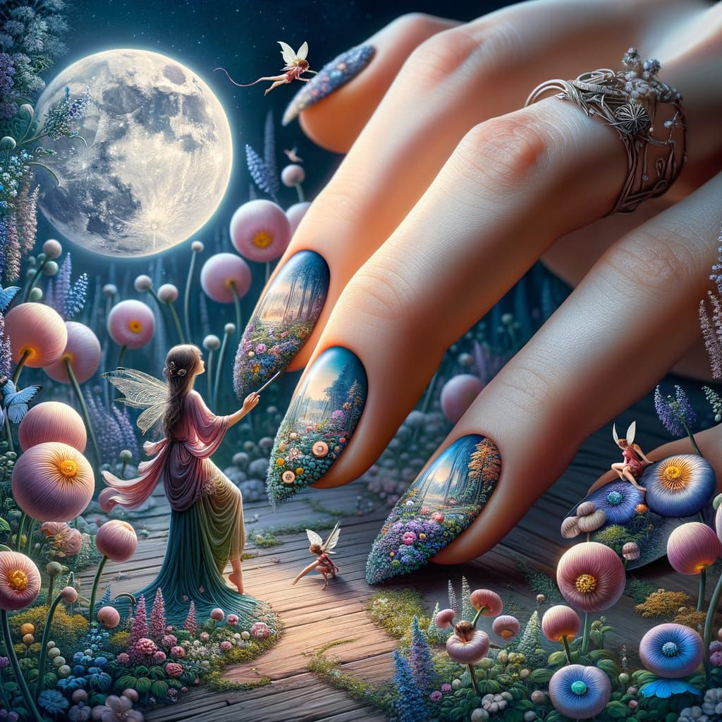 Fairies Decorating Intricate Nails in Romanticism Style