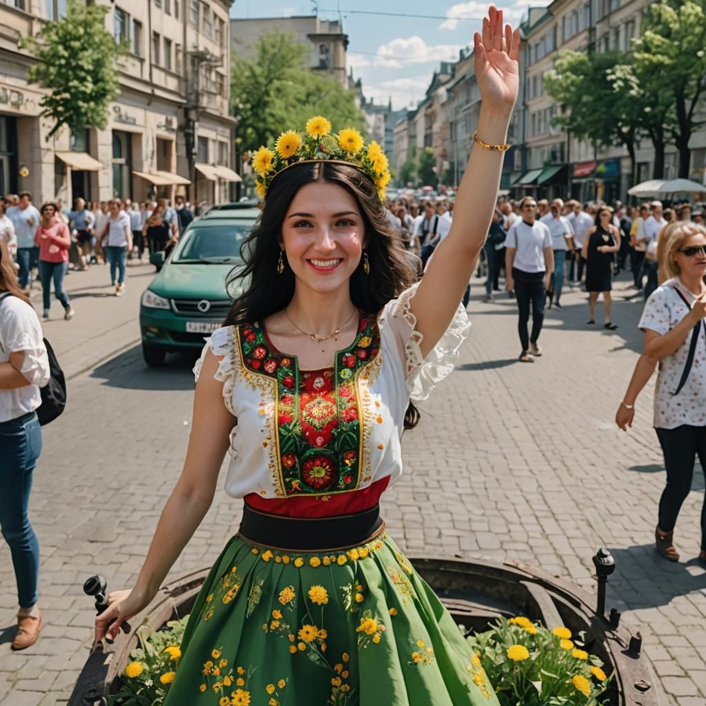 Woman with Dandelion Crown and Ukrainian Shirt on Tank