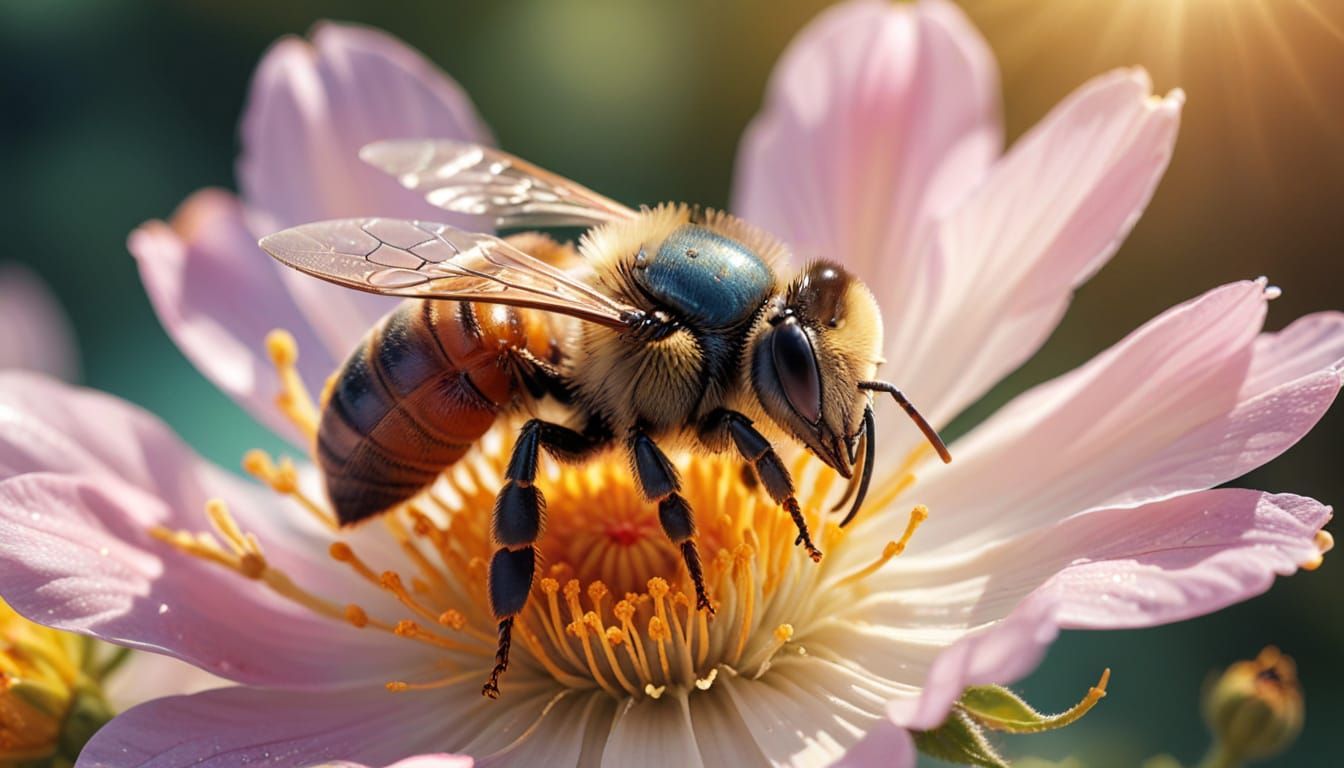 Macro Bee on Flower: Hyper-Realistic Digital Art