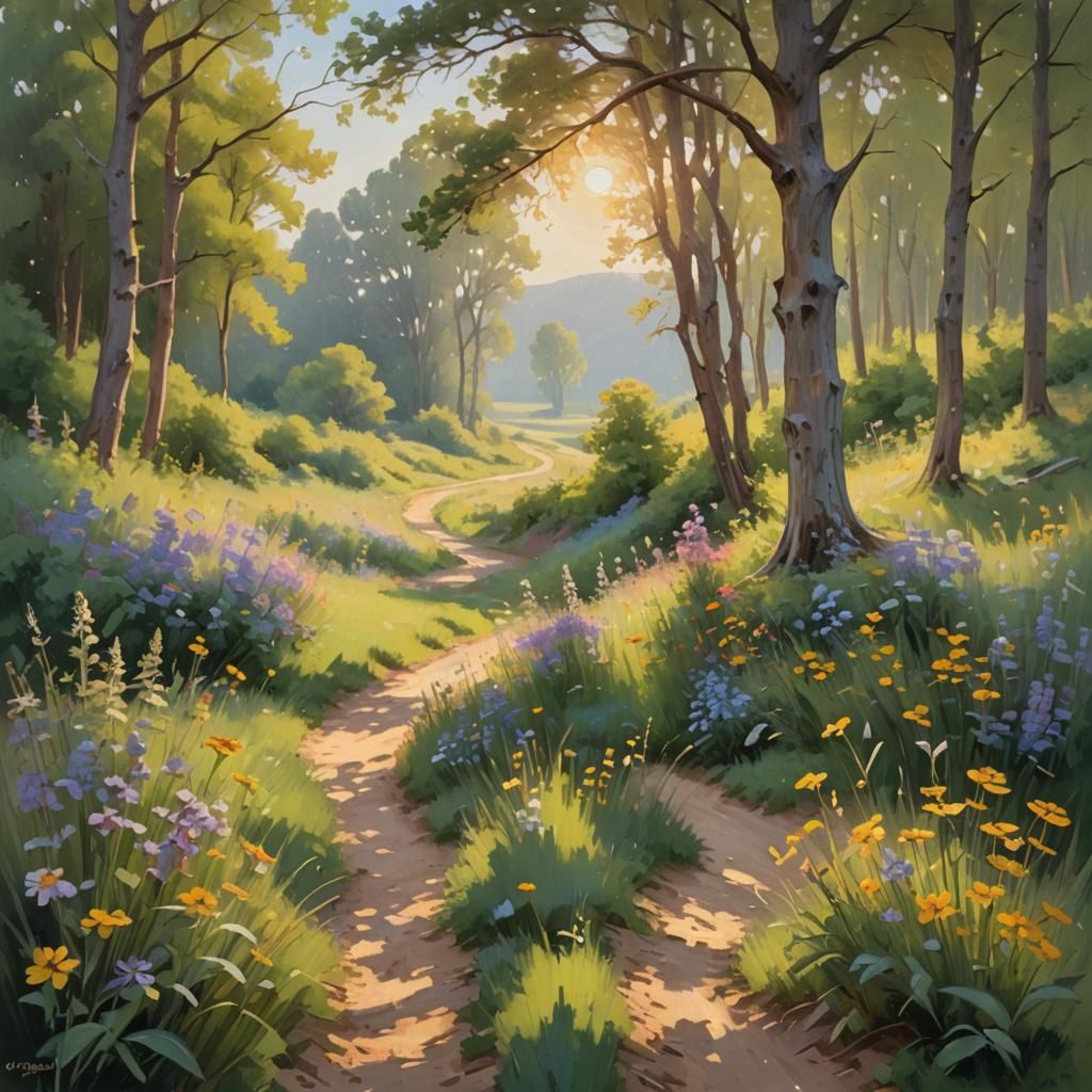 Impressionist Summer Landscape Painting with Wildflowers