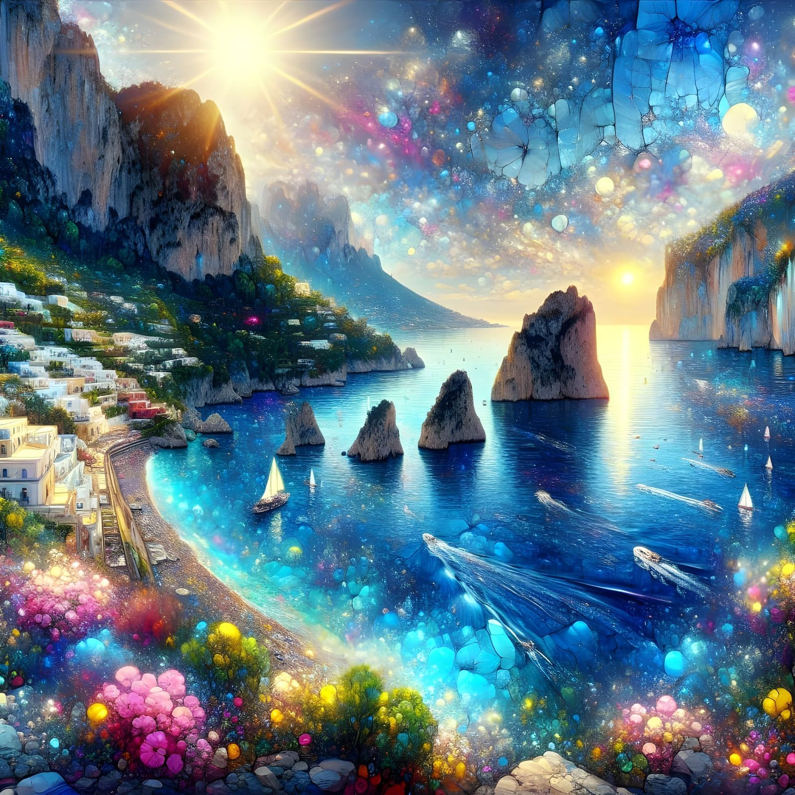 Glamorous Capri Island in Vibrant Stain Glass Style