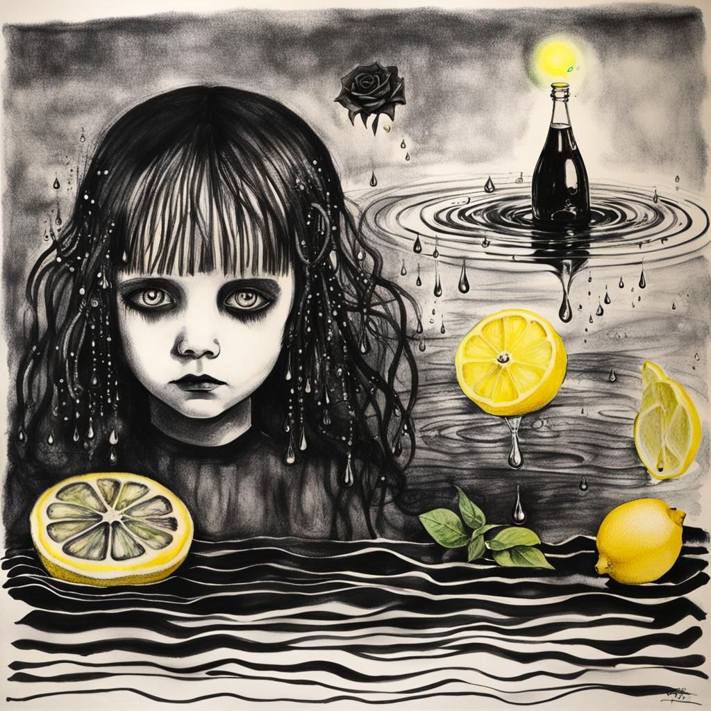 Goth Woman Swimming in Emo Lemonade: Surreal Child's Drawing
