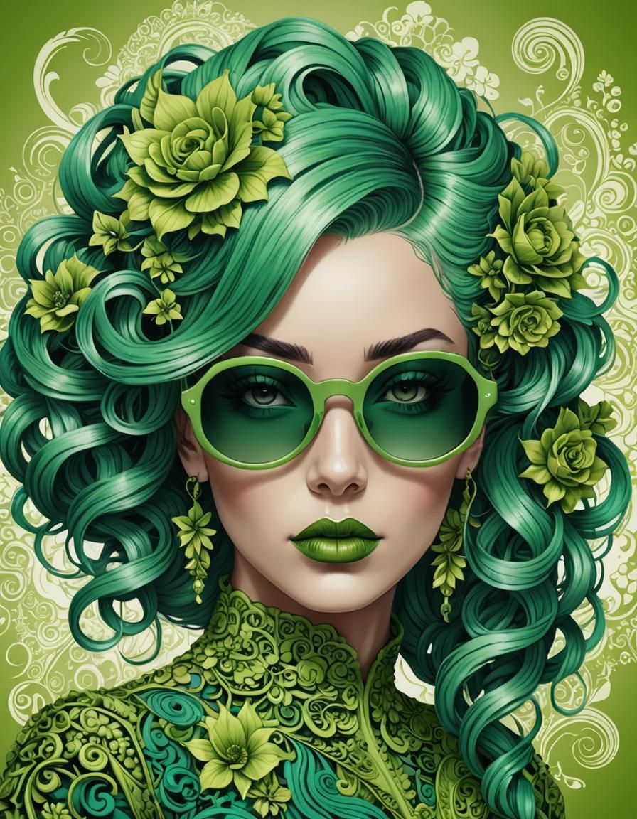 Rococo Girl with Green Hair and Floral Background