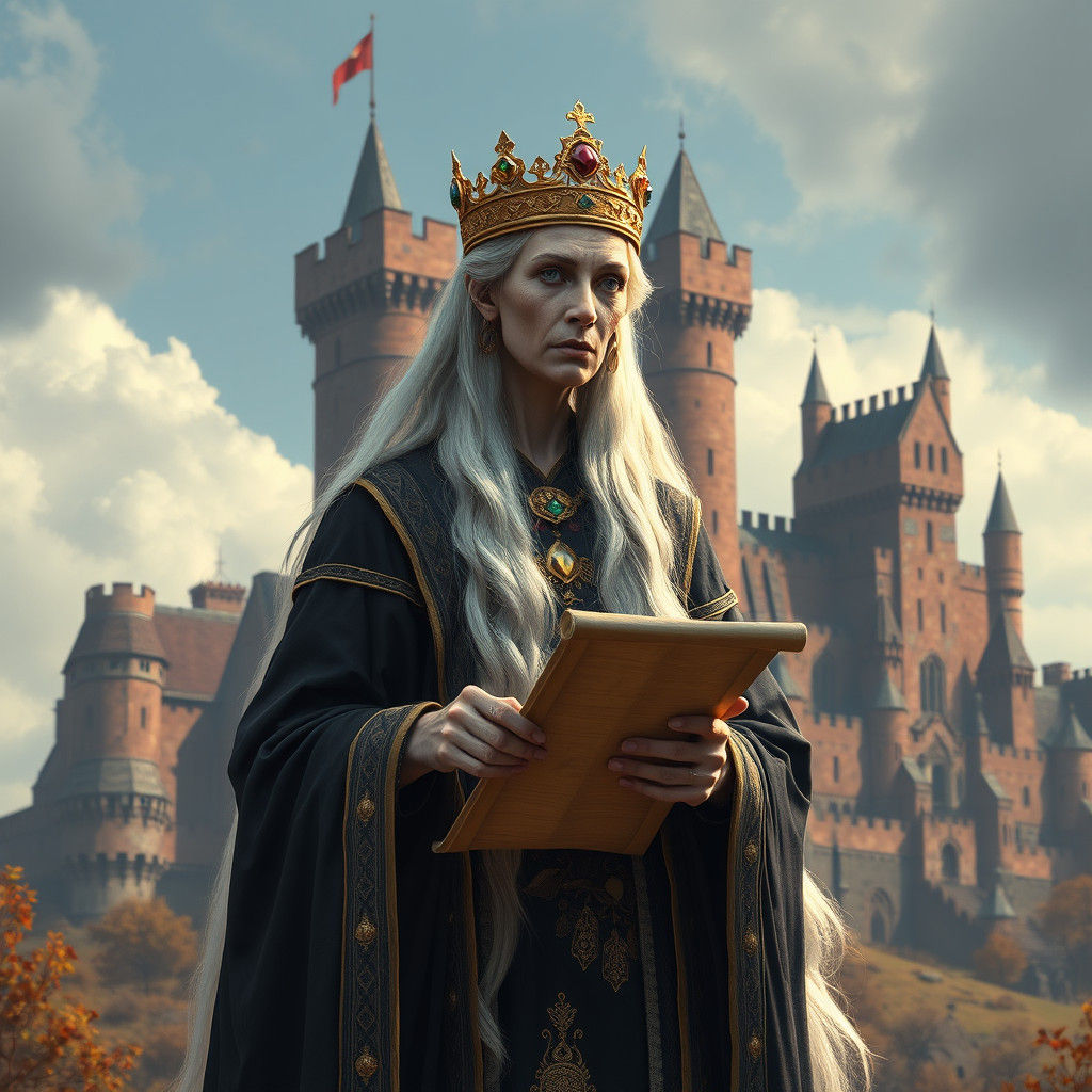 Wise Medieval Queen with Rainbow Crown in Digital Painting