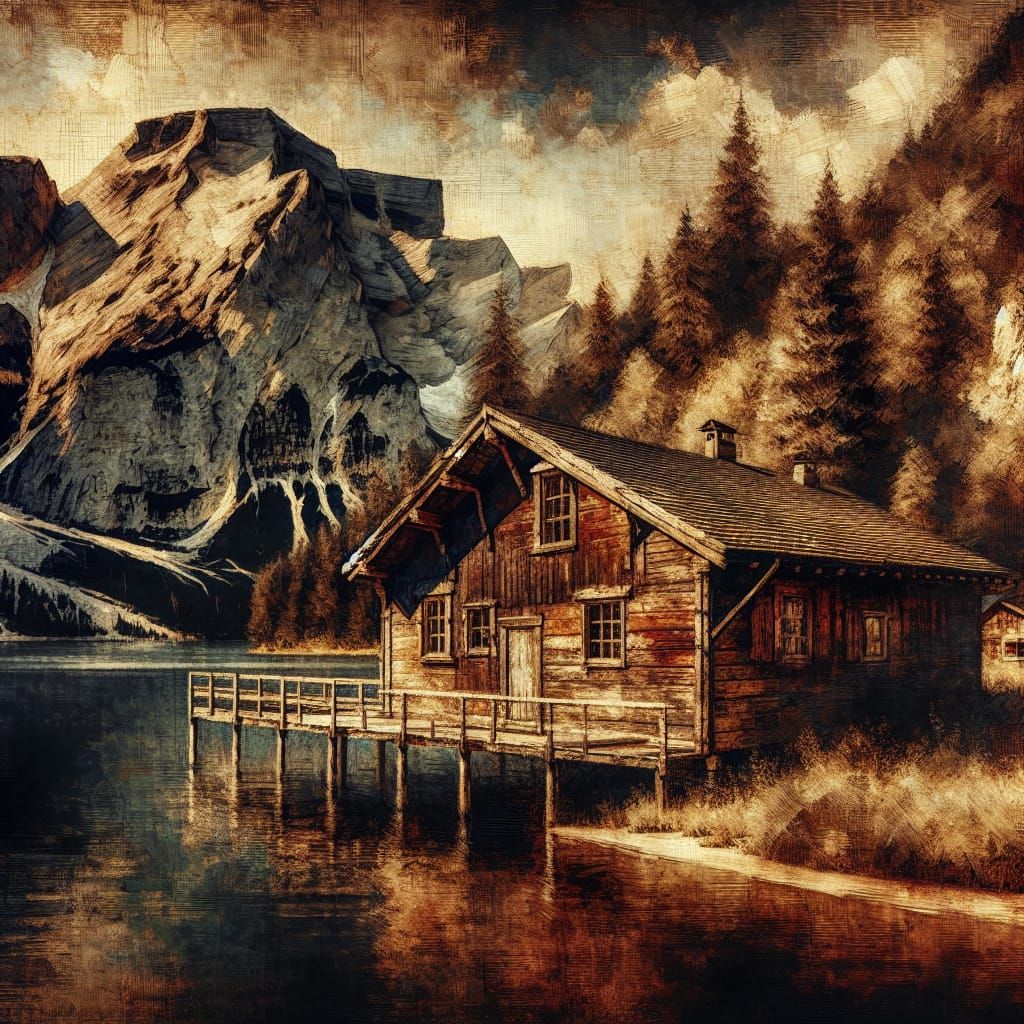 Rustic Cabin by Tranquil Lake in Mixed Media Art