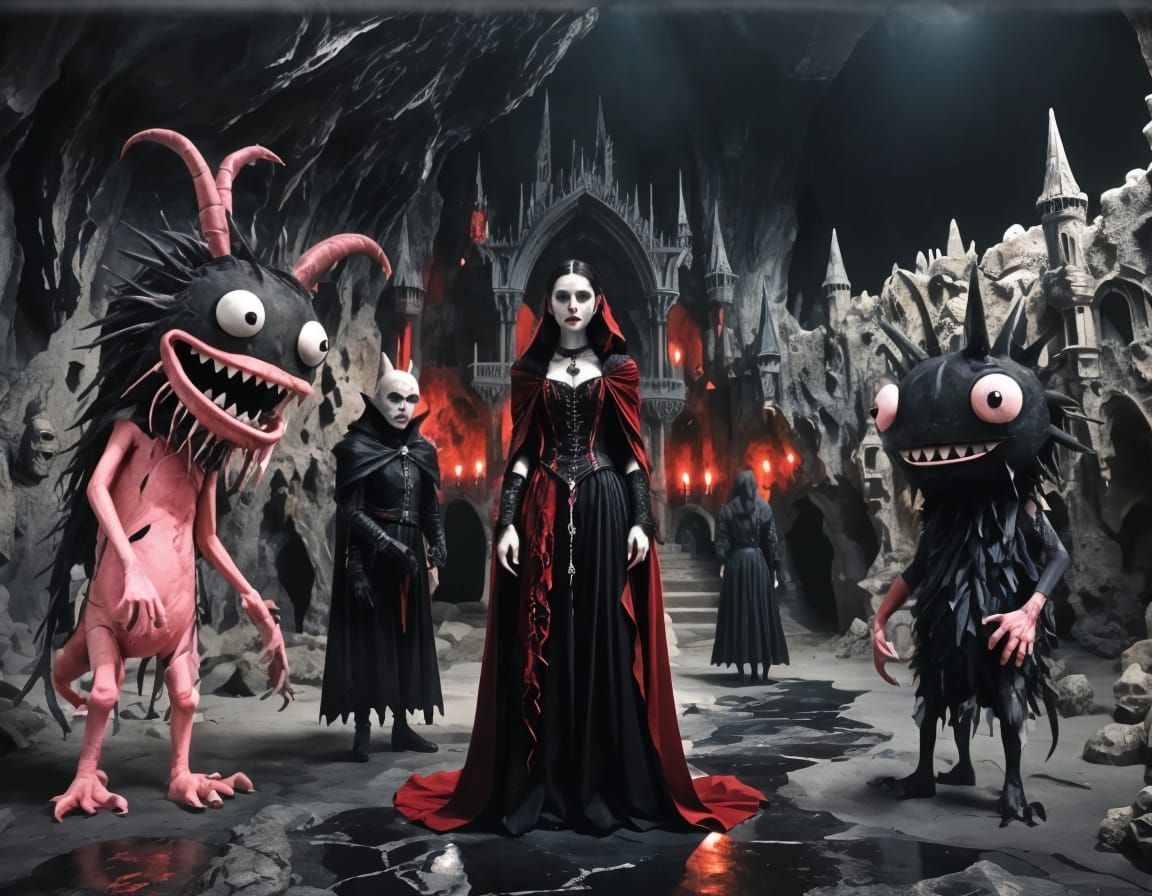 Satanic Gothic Castle with Gargoyles in Black Cave