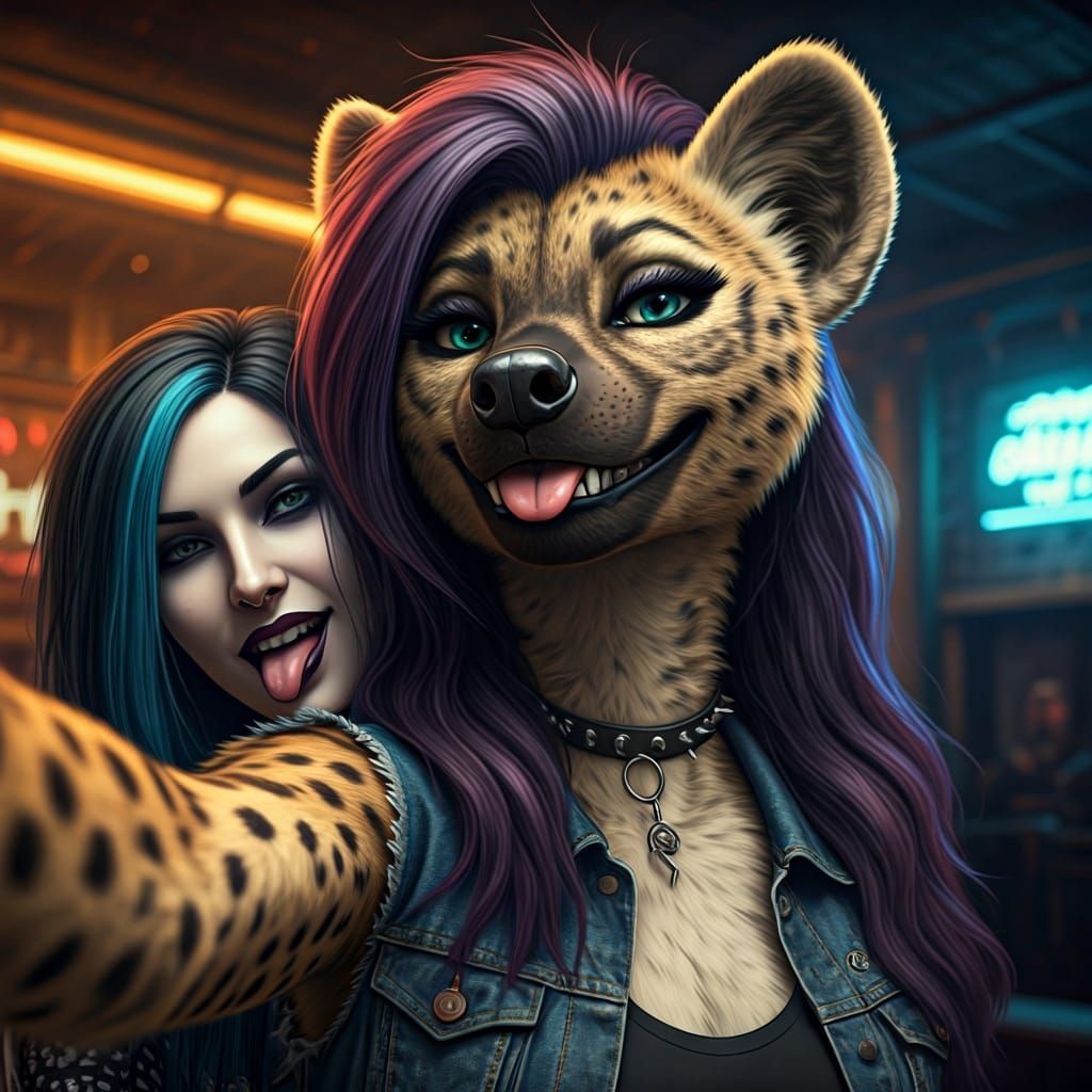 Hyena and Goth Woman Selfie in Photorealistic Style