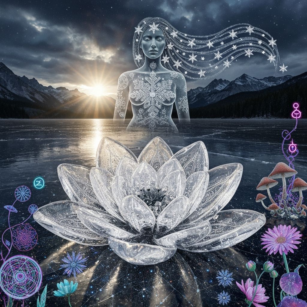 Crystal Ice Garden on Bioluminescent Lake Blossom