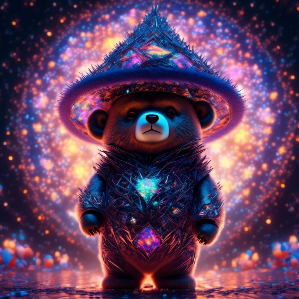 Glowing Bear Cub in Witch Hat, Hyperrealistic CGI
