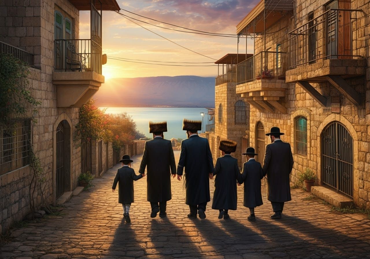 Peaceful Hasidic Families in Traditional Attire, Surrounded...