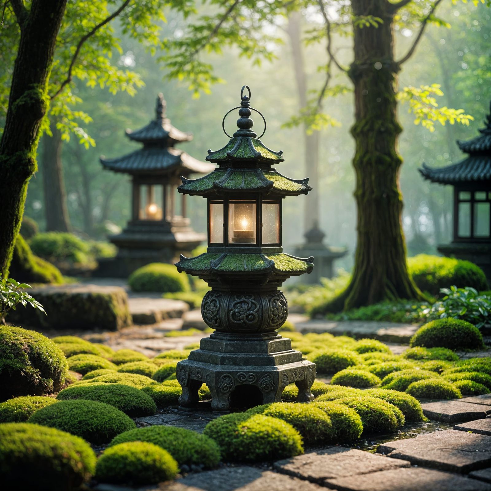 Misty Temple Garden with Stone Lantern