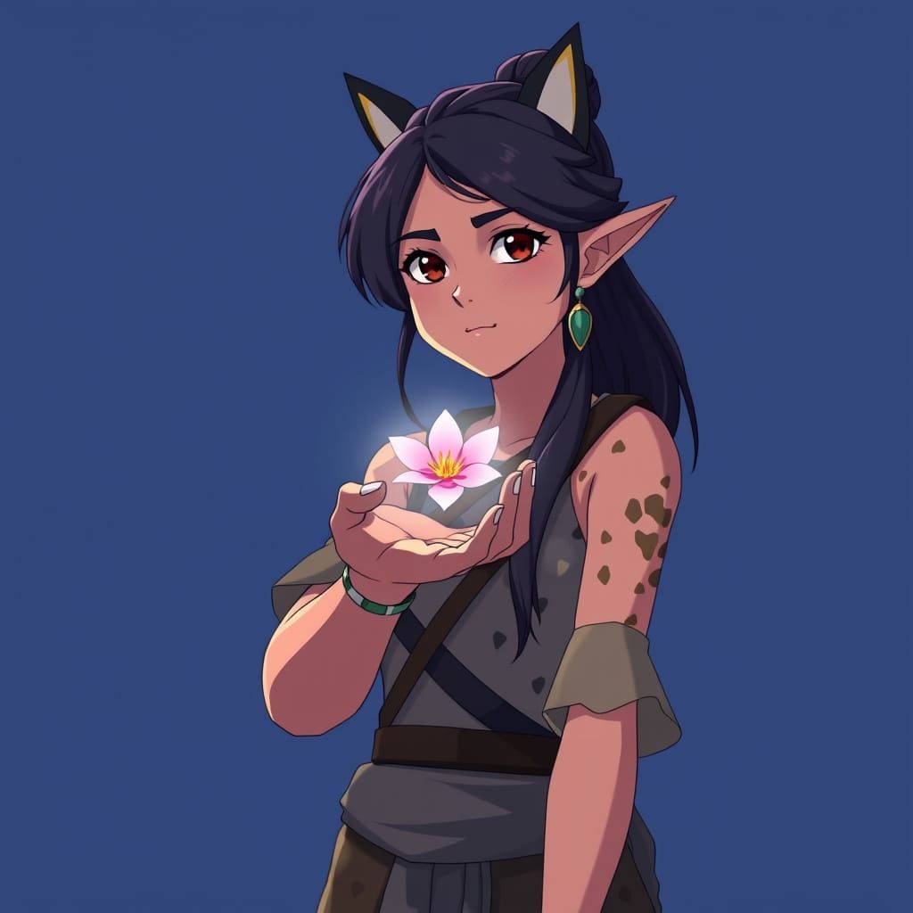 Manga-Inspired Goddess Holding Glowing Bloom