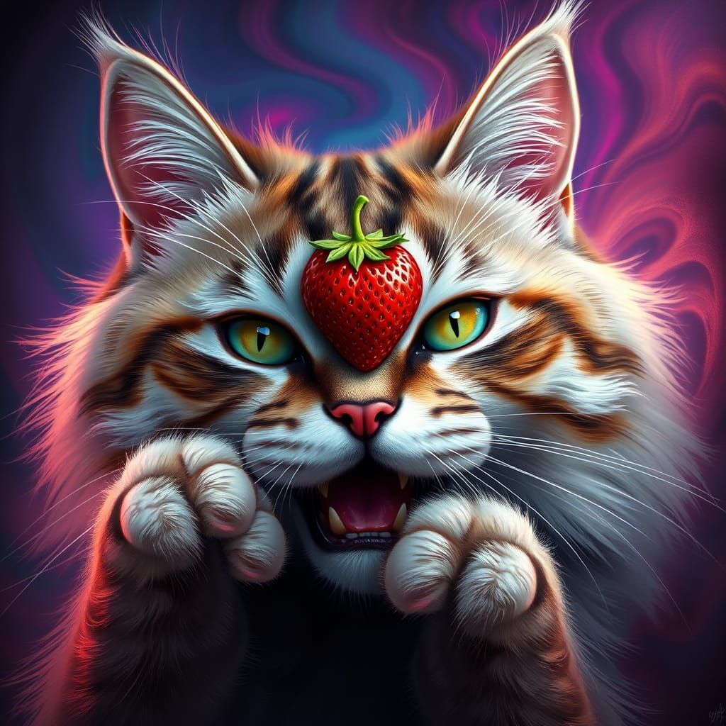 Majestic Cat Adorned with Strawberry in Dreamlike Pop Surrea...