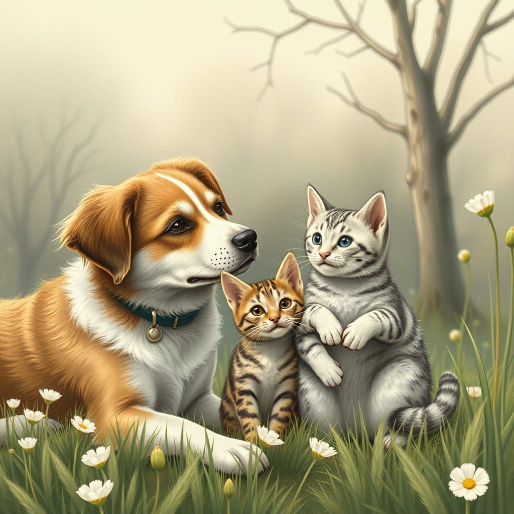 Whimsical Friends Play in Sunny Meadow