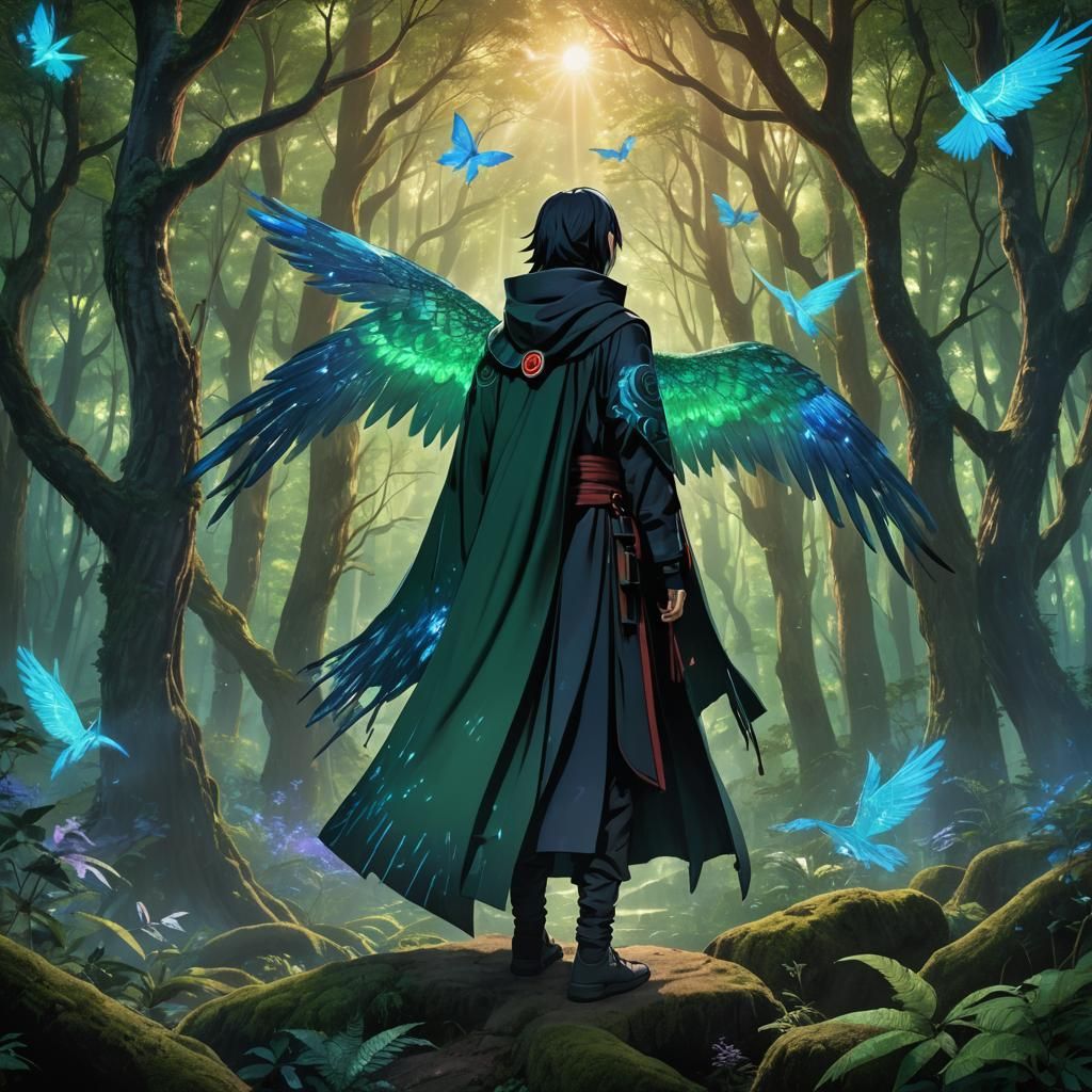 Itachi Uchiha in Mystical Forest with Wings