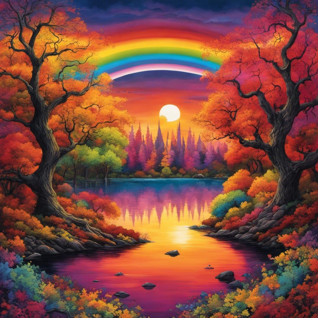 Colorful Gothic Lake at Sunset in Tim Burton Style