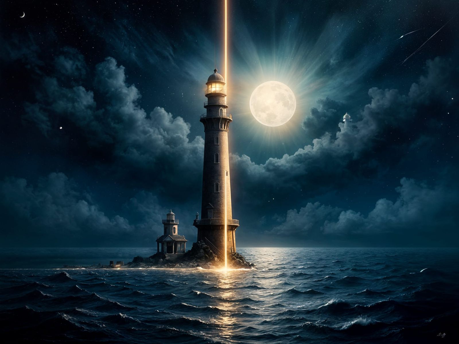 Surreal Lighthouse Beam Over Moonlit Ocean - Art Nouveau Pun...