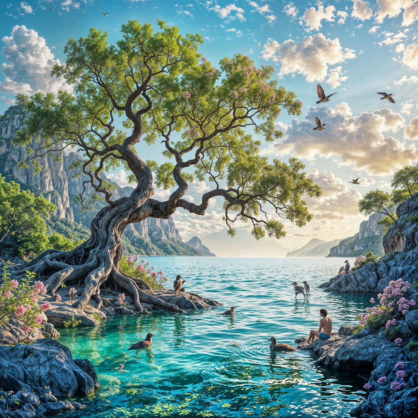 Vibrant Nature Scene: Ancient Trees, Wildlife, and People