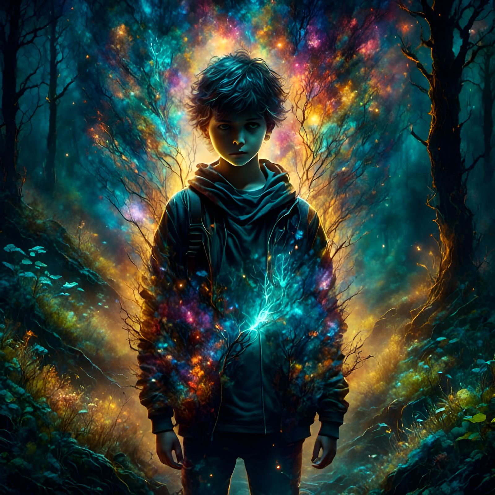 Lost Boy Follows Ethereal Path in Dark Forest