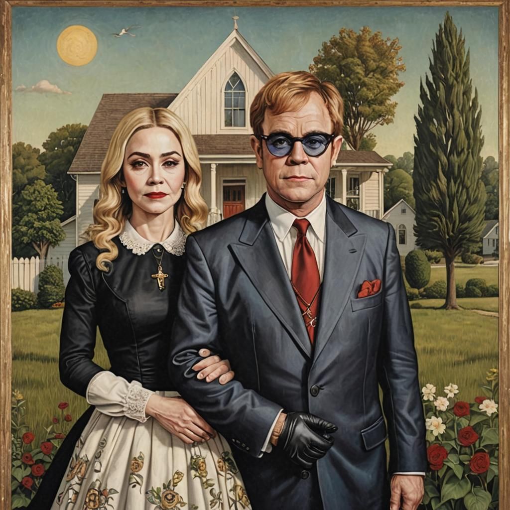 Elton John and Madonna in American Gothic Style