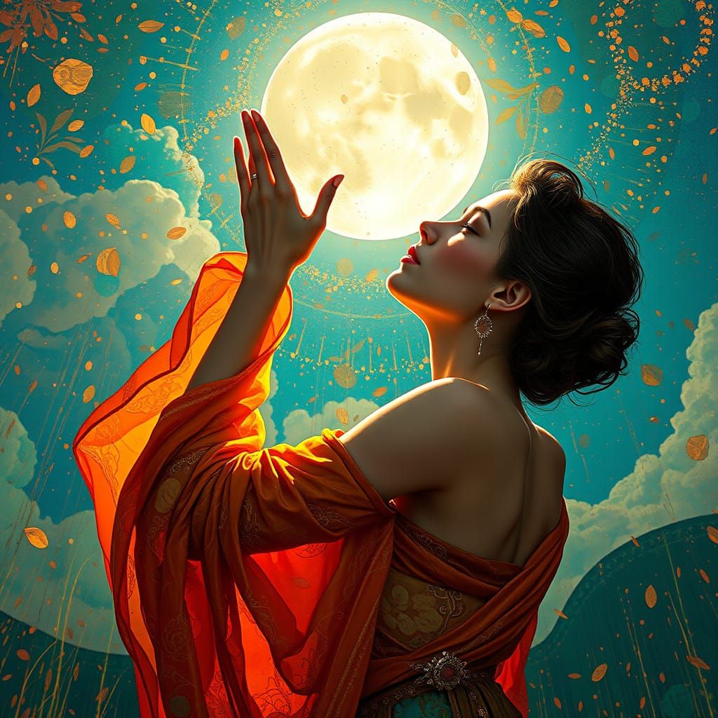 Glorious Woman Reaches for Celestial Beauty in Vibrant Art N...